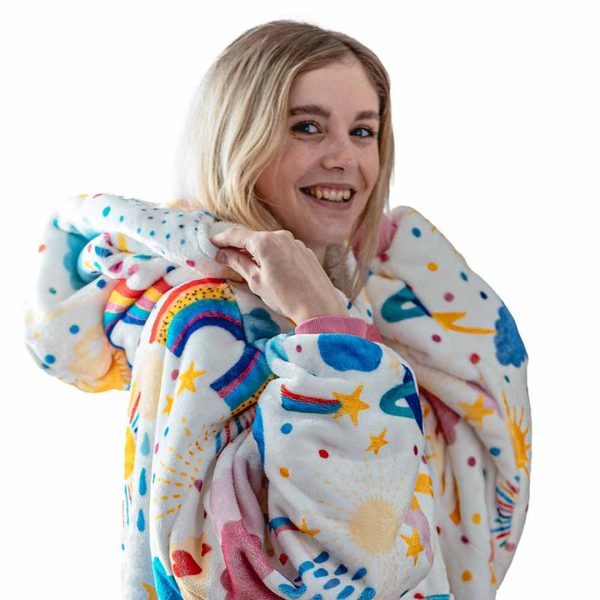 Side shot adult's rainbow hoodie blanket